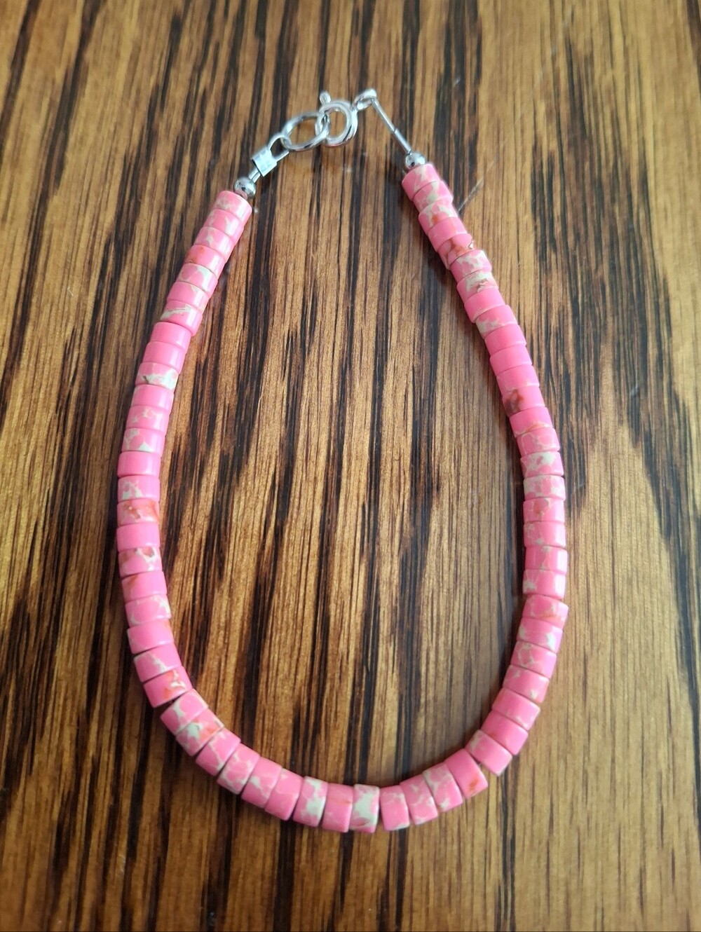 Fushia Sea Sediment Jasper Heishi Beaded bracelet 7.5" Sterling Silver